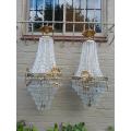 A Pair of French Style Ring Brass & Crystal Chandeliers