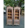 A 19th Century French Pair of Walnut Rococo Style Display / Vitrine Cabinets in a Contemporary Bl...
