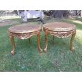 A Pair of French Style Carved Round Side Tables with Rattan Tops