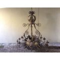 An Imported French Crown Design Wrought Iron Hand Painted Chandelier of Large Proportion
