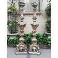 Pair Of Baroque-Style Silvered Wooden Carved Altar Pricket Sticks, 19th Century, Carved With A Pa...