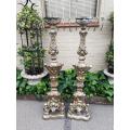 Pair Of Baroque-Style Silvered Wooden Carved Altar Pricket Sticks, 19th Century, Carved With A Pa...