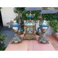 A Late 19th Century French Hand-Painted Five Piece Clock Garniture Set