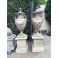 Pair of Very Large 20th Century English Cast Stone Concrete Regency-style Lidded Urns On Concrete...