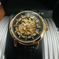Retail: R2,399.00 TEVISE® Men`s Metropolis II Leather Gold/Black Automatic SKELETON Watch NEW