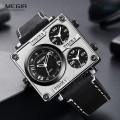 Retail: R1,699.00 MEGIR Mens Pilot Big Tick Triple Time Zone 48mm Silver / Black Leather  BRAND NEW