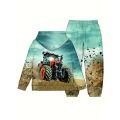 2pcs Boy's 3D Tractor Pattern Hooded Outfit, Hoodie & Pants Set