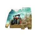 2pcs Boy's 3D Tractor Pattern Hooded Outfit, Hoodie & Pants Set