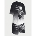 Skull Print Gradient Crew Neck T-Shirt And Shorts Two-Piece Set-Men