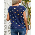 Full Butterfly Print Crew Neck Blouse-Ladies