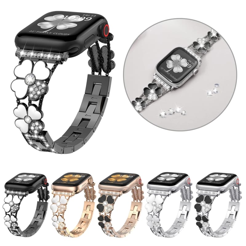 For Apple Watch SE 2023 44mm Petal Metal Diamond Watch Band(Black+White)