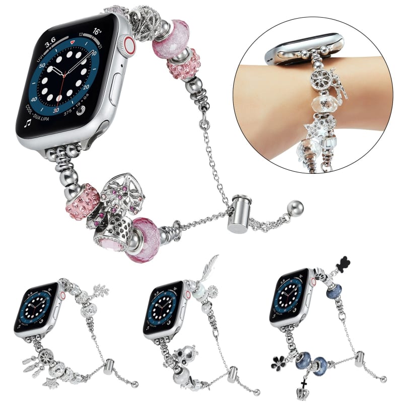 Bead Bracelet Metal Watch Band For Apple Watch 9 45mm(Pink Heart)