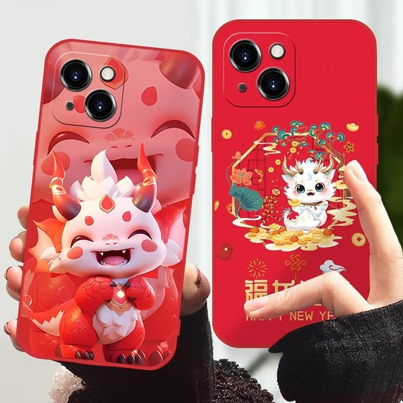For iPhone 15 Pro New Year Red Silicone Shockproof Phone Case(Happy Dragon Doll)