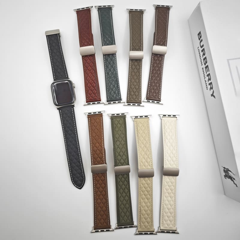 For Apple Watch Series 7 41mm Rhombus Pattern Magnetic Folding Buckle Leather Watch Band(Dark Coffe