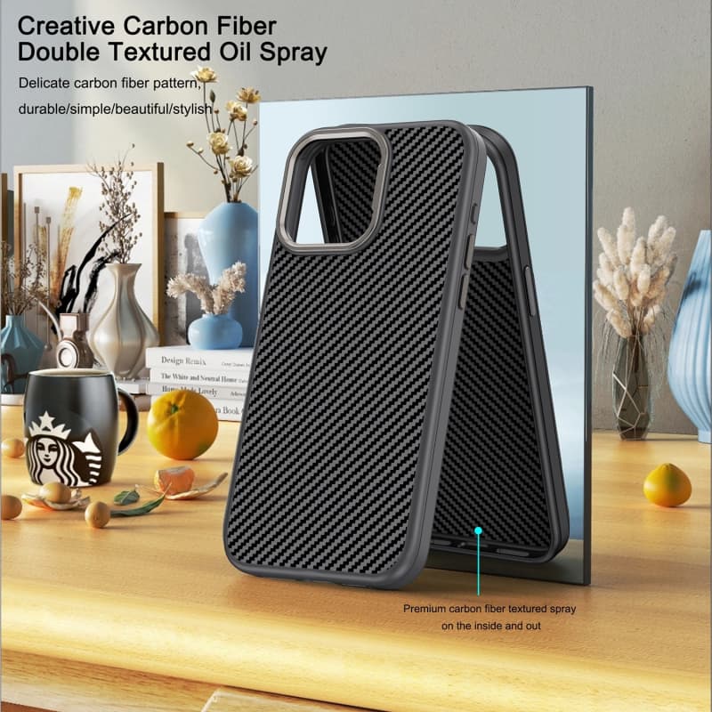 For iPhone 13 Carbon Fiber Textured Oil Spray PC + TPU Phone Case(Grey)