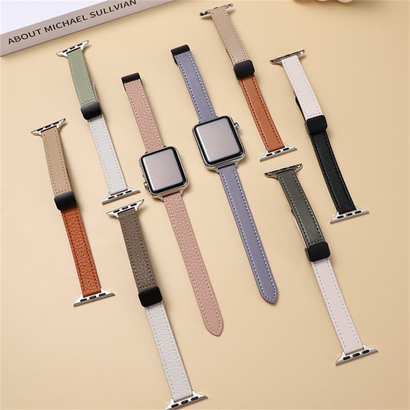 For Apple Watch Series 7 41mm Slim Magnetic Buckle Genuine Leather Watch Band(Litchi Pink Beige)