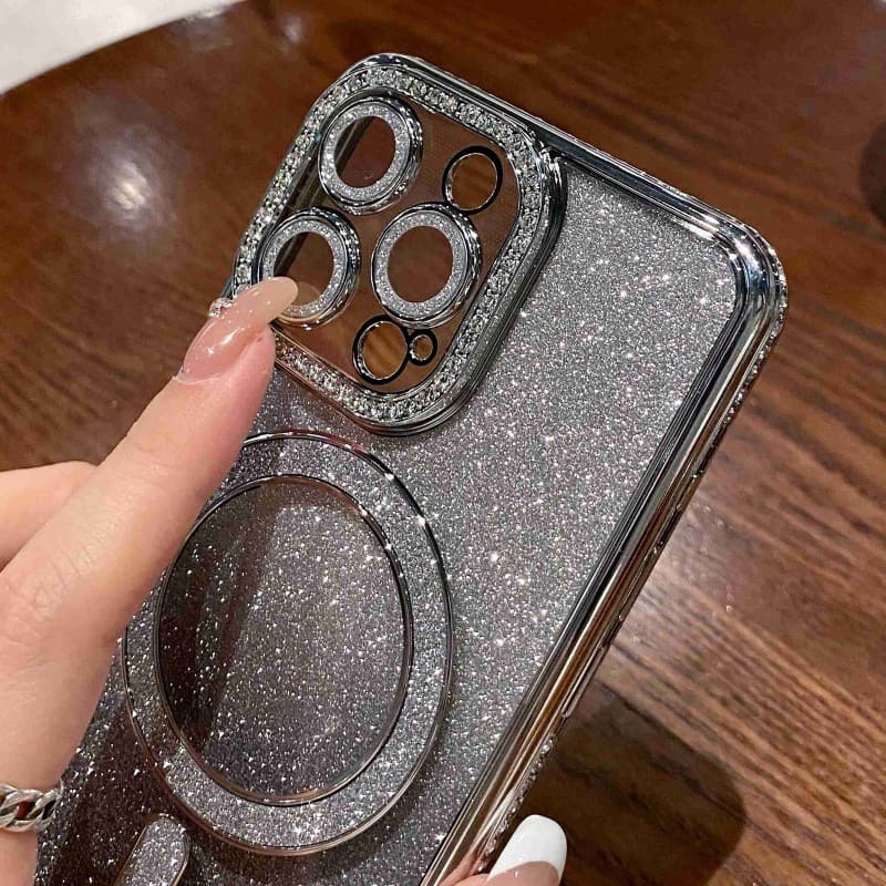 For iPhone 15 Diamond Gradient Glitter Plated MagSafe Phone Case(Silver)