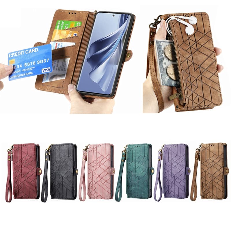 For Samsung Galaxy Xcover 7 Geometric Zipper Wallet Side Buckle Leather Phone Case(Brown)