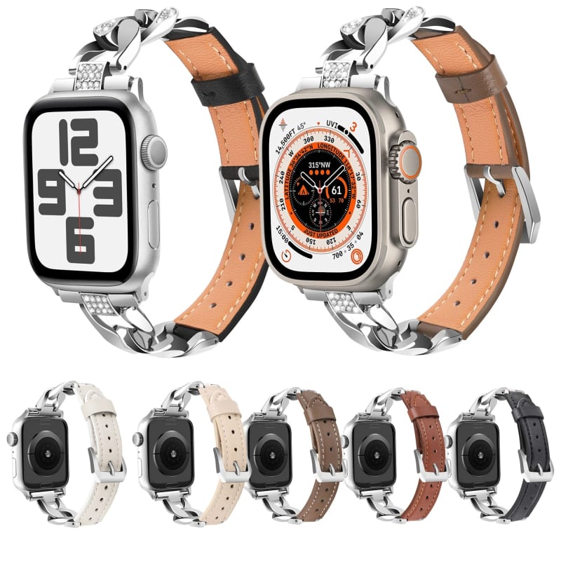 For Apple Watch SE 2023 44mm Rhinestone Denim Chain Leather Watch Band(Apricot)