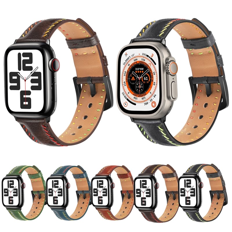 For  Apple Watch SE 2023 44mm Colorful Sewing Thread Leather Watch Band(Brown)