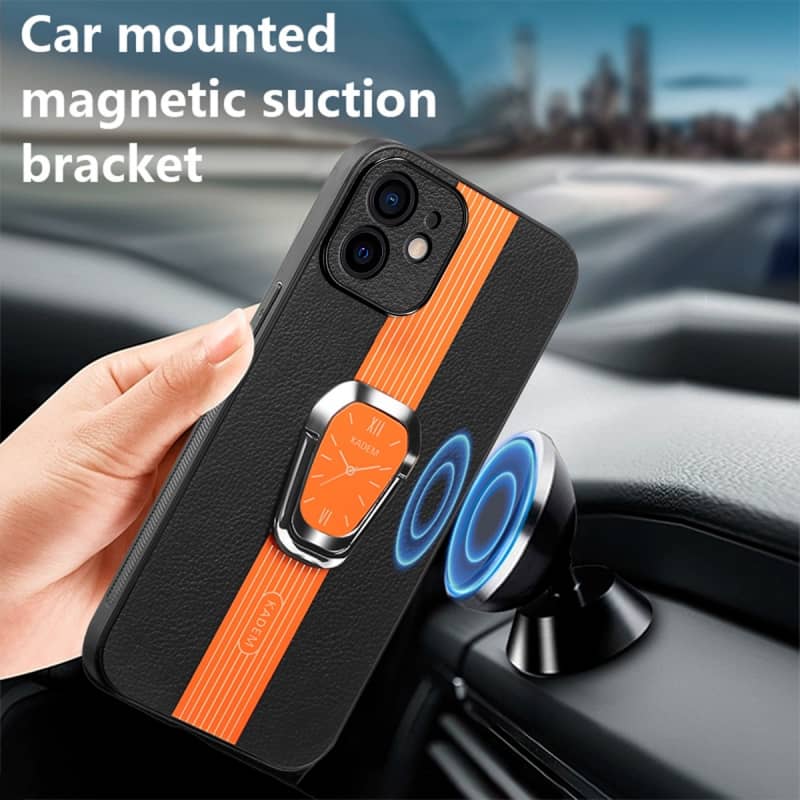 For iPhone 12 Magnetic Litchi Leather Back Phone Case with Holder(Black)
