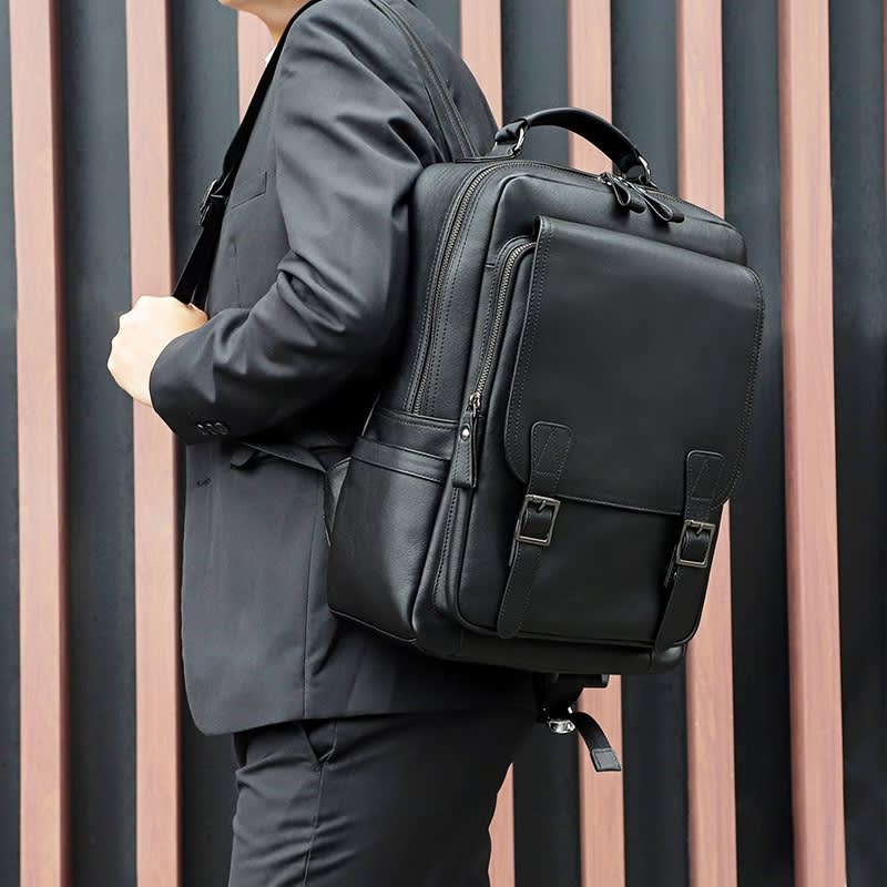 Casual Business Cowhide Leather Backpack Laptop Bag For Men(Black)
