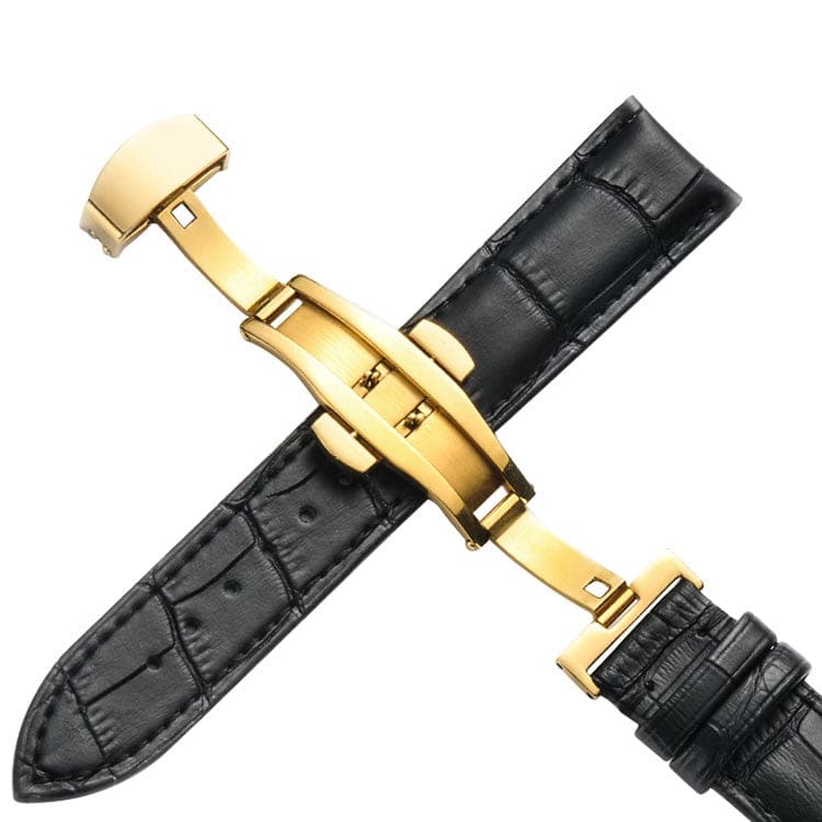 16mm Classic Cowhide Leather Gold Butterfly Buckle Watch Band(Black)