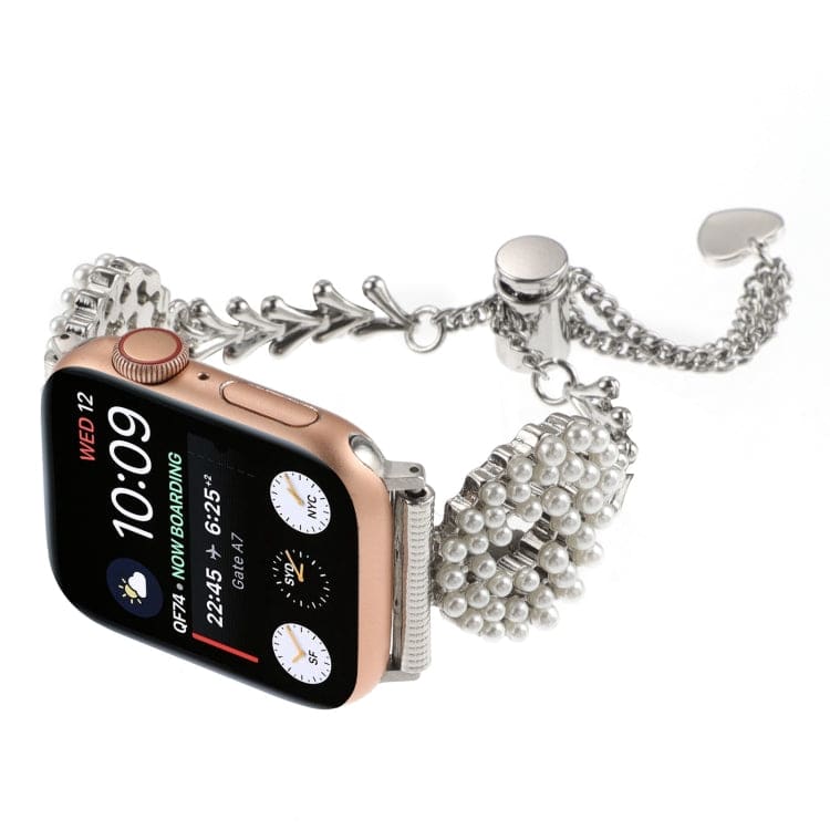 For Apple Watch SE 2023 40mm Pearl Round Zinc Alloy Chain Metal Watch Band(Silver)