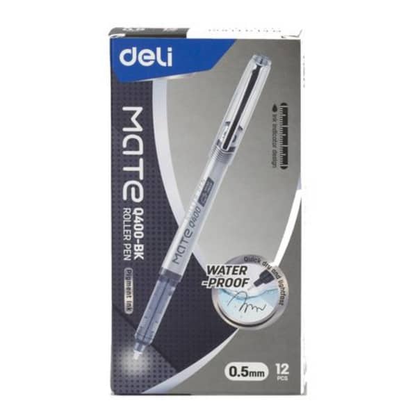 Deli Mate 0.5mm Black Ink Quick Dry Rollerball Pen - Q400-BK - Set of 12