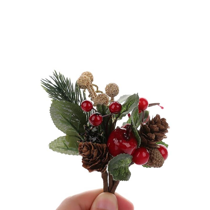 15pcs Red Christmas Berry and Pine Cone with Holly Branches for Decor