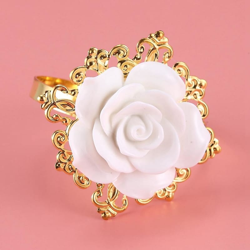 12pcs Resin Rose White Napkin Ring Table Serviette Holder Gold