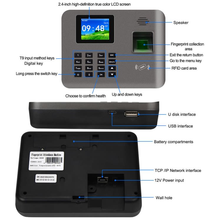 Realand AL325D Fingerprint Time Attendance with 2.4 inch Color Screen & ID Card Function & WiFi & Ba