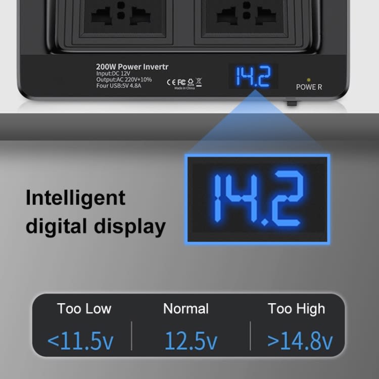 DC12V 200W AC220V Car Smart Multi-functional Digital Display Inverter, EU Plug