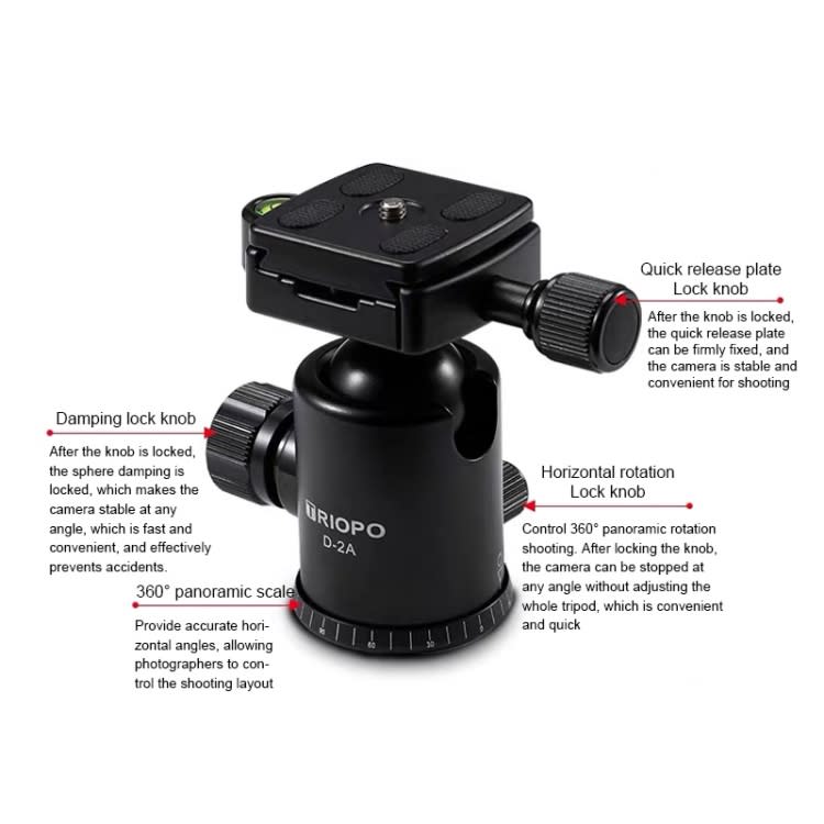 TRIOPO D-2A 360 Degree Rotation Aluminum Alloy Tripod 36mm Ball Head with Quick Release Plate