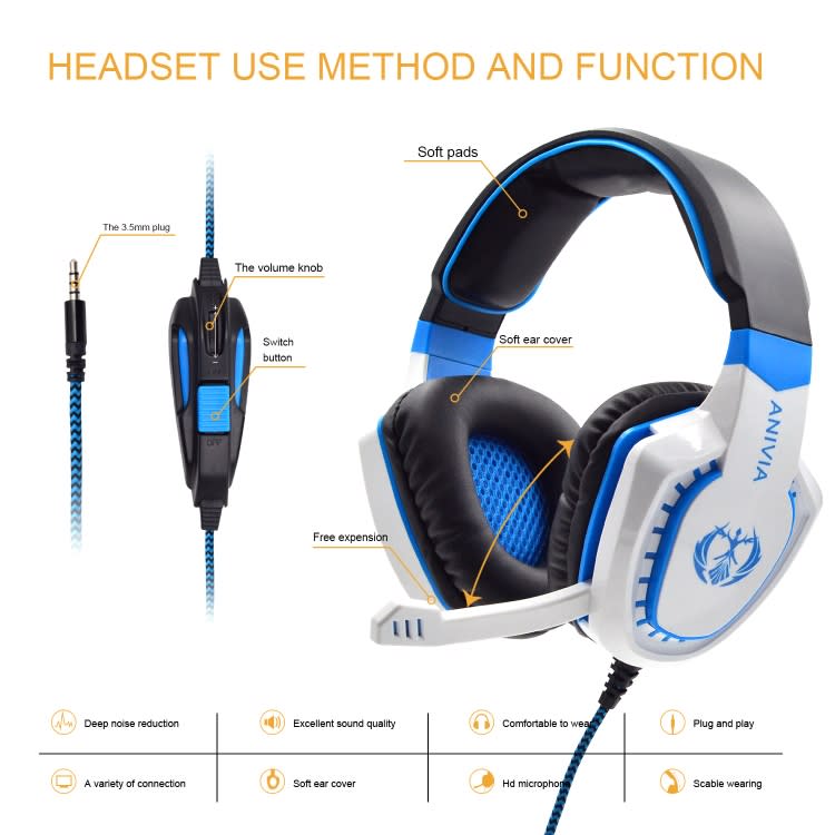 Anivia AH28 3.5mm Stereo Sound Wired Gaming Headset with Microphone(White Blue)