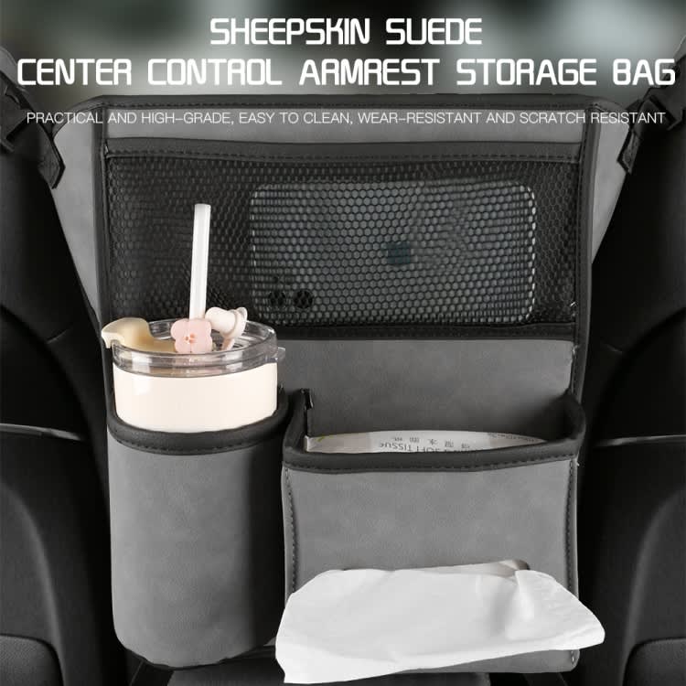 Car Center Console Hanging Bag Sheepskin Leather Storage Bag(Grey)