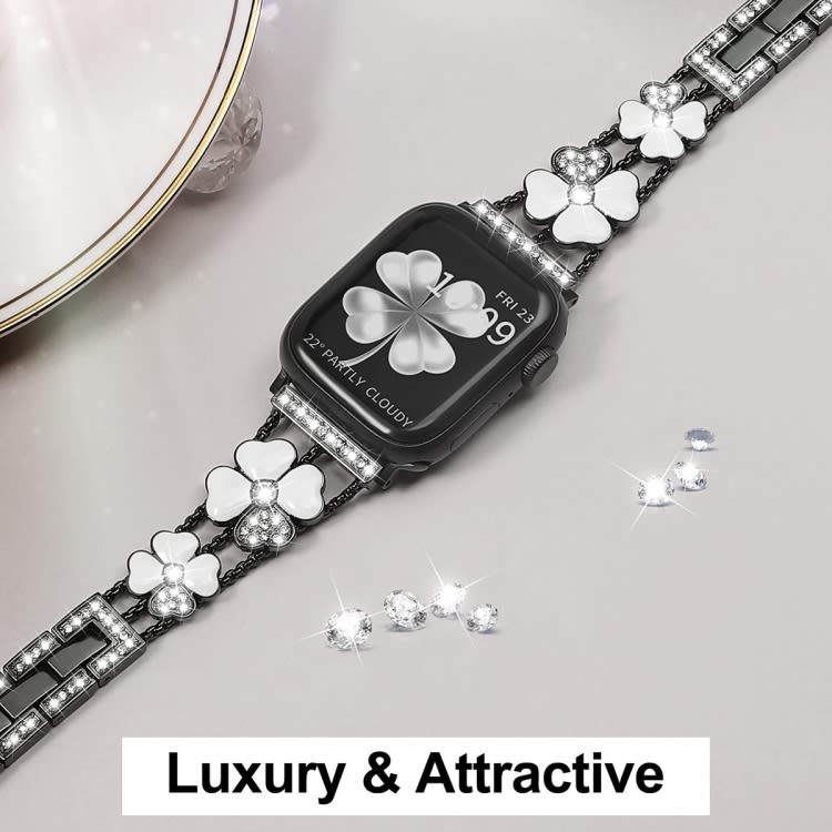 For Apple Watch SE 2023 44mm Petal Metal Diamond Watch Band(Black+White)