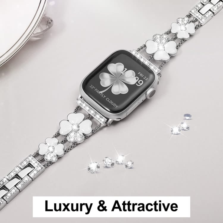 For Apple Watch SE 2023 44mm Petal Metal Diamond Watch Band(Sliver+White)