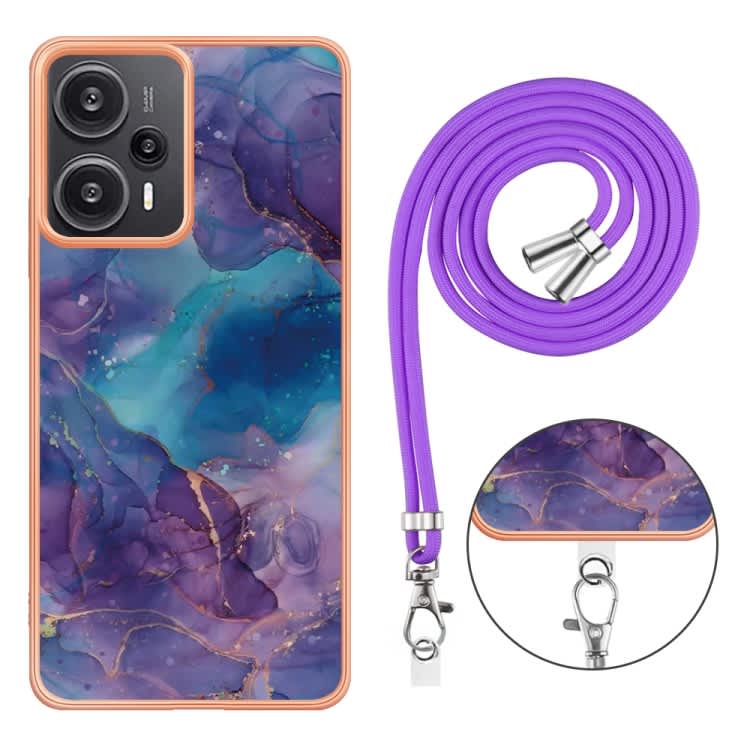 For Xiaomi Poco F5 5G Electroplating Marble Dual-side IMD Phone Case with Lanyard(Purple 016)