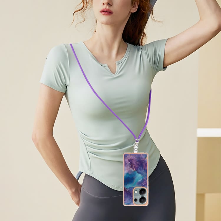 For Xiaomi Poco M6 Pro 4G Electroplating Marble Dual-side IMD Phone Case with Lanyard(Purple 016)