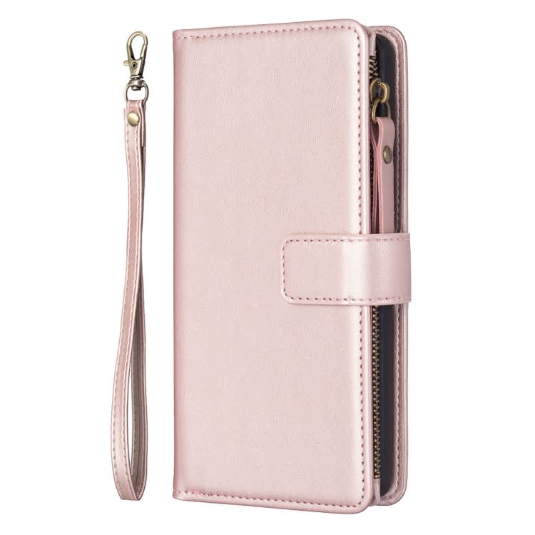 For iPhone 16 Plus 9 Card Slots Zipper Wallet Leather Flip Phone Case(Rose Gold)