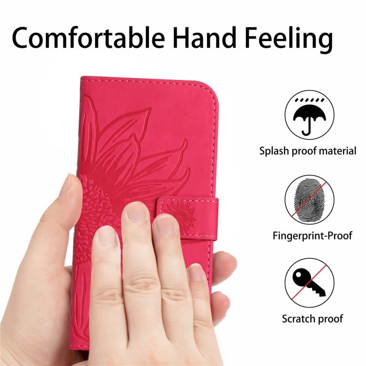 For iPhone 16 Plus Skin Feel Sun Flower Embossed Flip Leather Phone Case with Lanyard(Rose Red)