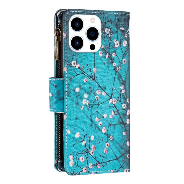 For iPhone 16 Pro Max Colored Drawing Pattern Zipper Phone Leather Case(Plum Blossom)