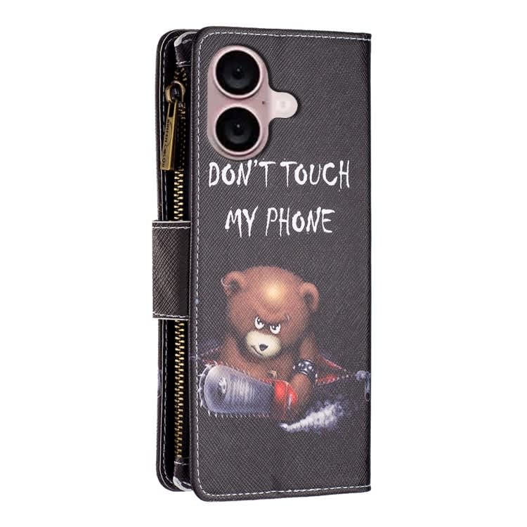 For iPhone 16 Colored Drawing Pattern Zipper Phone Leather Case(Bear)