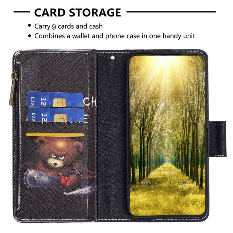 For iPhone 16 Colored Drawing Pattern Zipper Phone Leather Case(Bear)