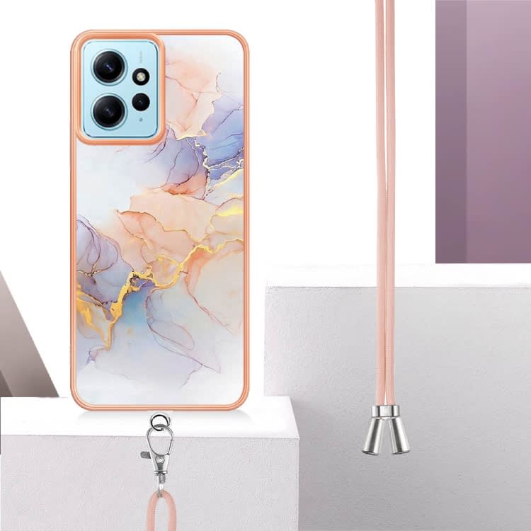 For Xiaomi Redmi Note 12 4G Global Electroplating IMD TPU Phone Case with Lanyard(White Marble)