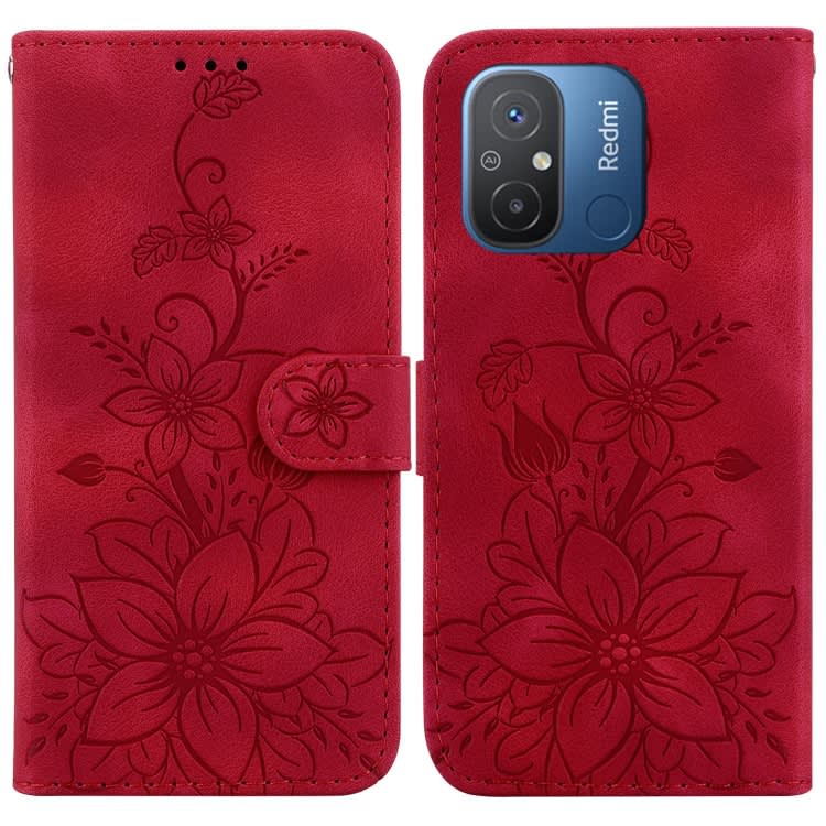 For Xiaomi Redmi 12C / 11A Lily Embossed Leather Phone Case(Red)