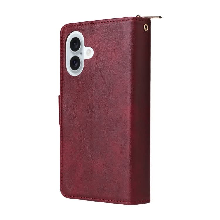 For iPhone 16 Plus 9 Card Slots Zipper Wallet Bag Leather Phone Case(Wine Red)