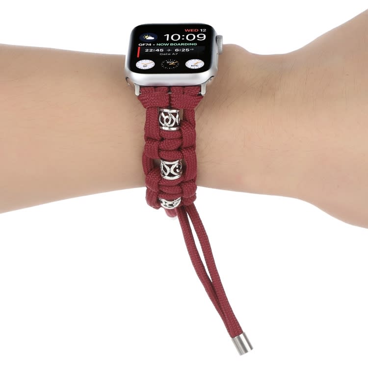 For Apple Watch Series 8 45mm Silk Silver Beads Braided Watch Band(Wine Red)