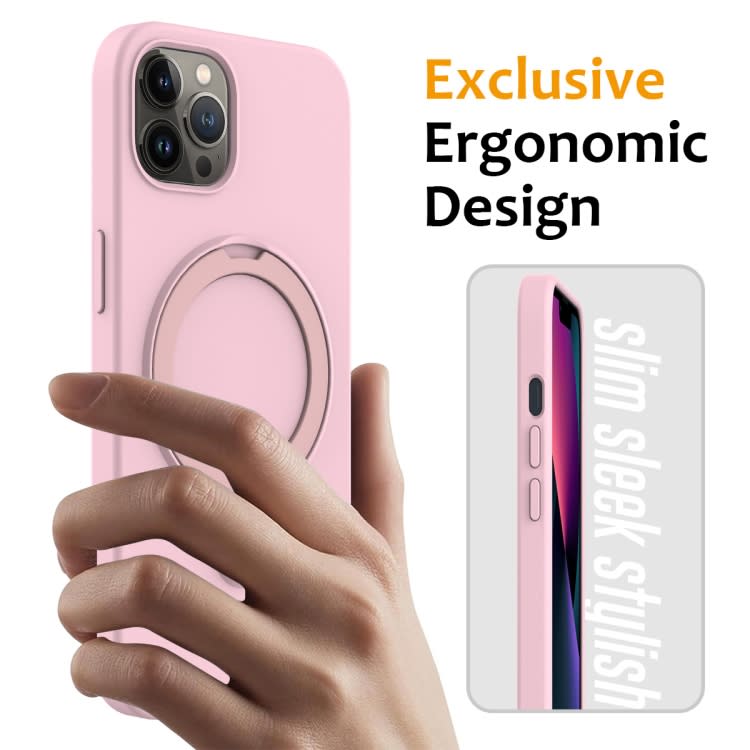 For iPhone 12 Pro MagSafe Magnetic Liquid Silicone Phone Case with Ring Holder(Grey Pink)